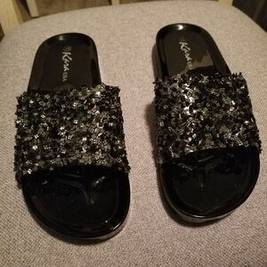 Sparkly beaded black slides /sandals size 10